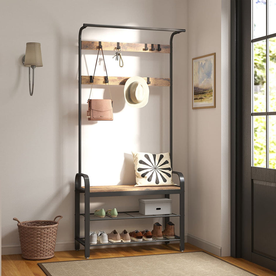 Coat Rack – Steel – Hazelnut Brown and Black – Free Standing Hall Tree with Shoe Bench and Removable Hooks