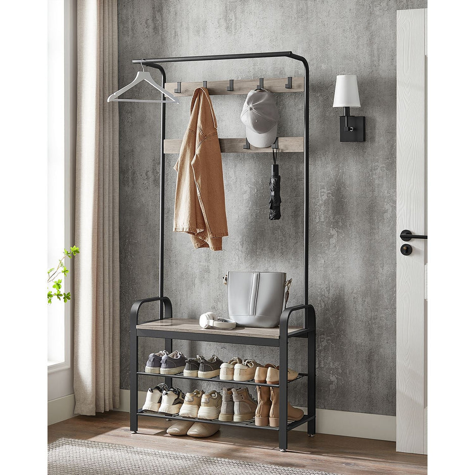 Coat Rack – Steel – Hazelnut Brown and Black – 4-in-1 Design with Shoe Storage Bench