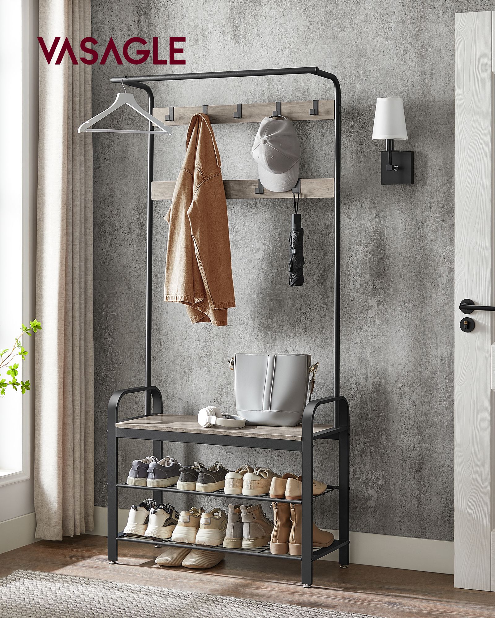 Coat Rack – Steel – Hazelnut Brown and Black – 4-in-1 Design with Shoe Storage Bench
