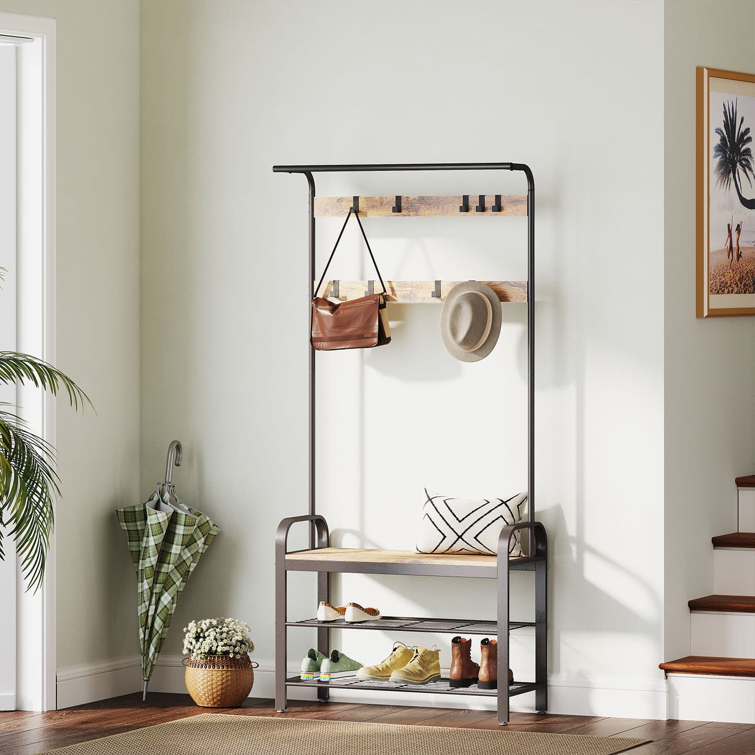 Coat Rack – Steel – Hazelnut Brown and Black – Free Standing Hall Tree with Shoe Bench and Removable Hooks