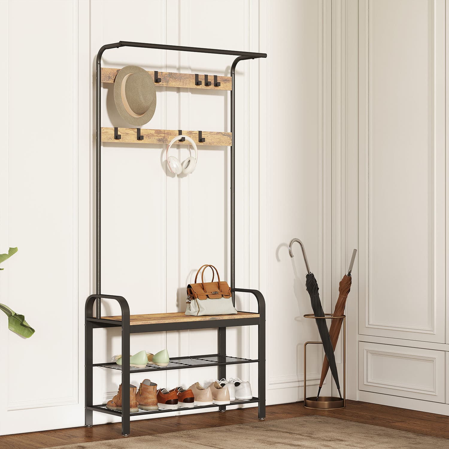 Coat Rack – Steel – Hazelnut Brown and Black – Free Standing Hall Tree with Shoe Bench and Removable Hooks