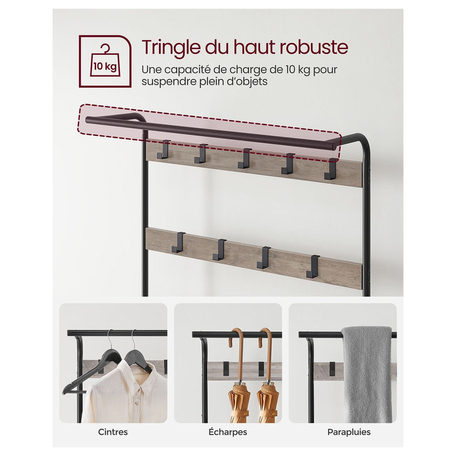 Coat Rack – Steel – Hazelnut Brown and Black – 4-in-1 Design with Shoe Storage Bench