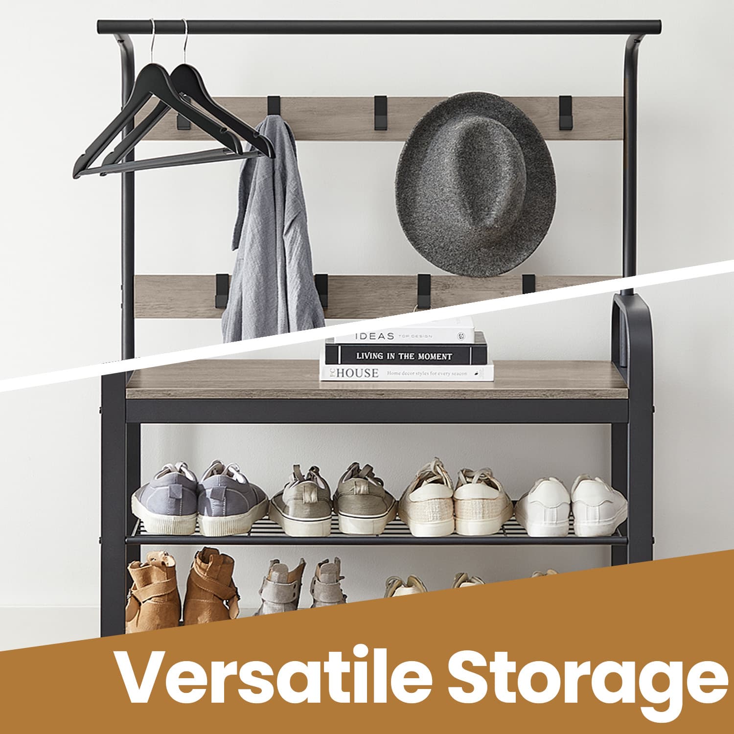 Coat Rack – Steel – Hazelnut Brown and Black – Free Standing Hall Tree with Shoe Bench and Removable Hooks