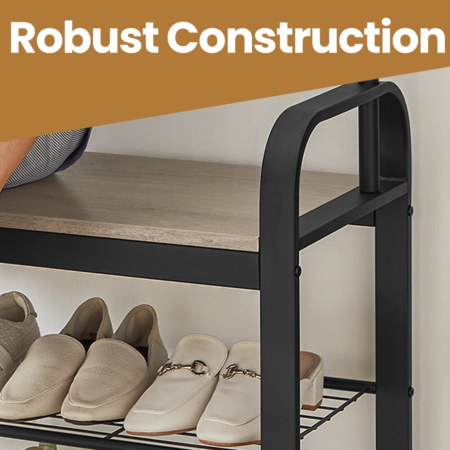 Coat Rack – Steel – Hazelnut Brown and Black – Free Standing Hall Tree with Shoe Bench and Removable Hooks
