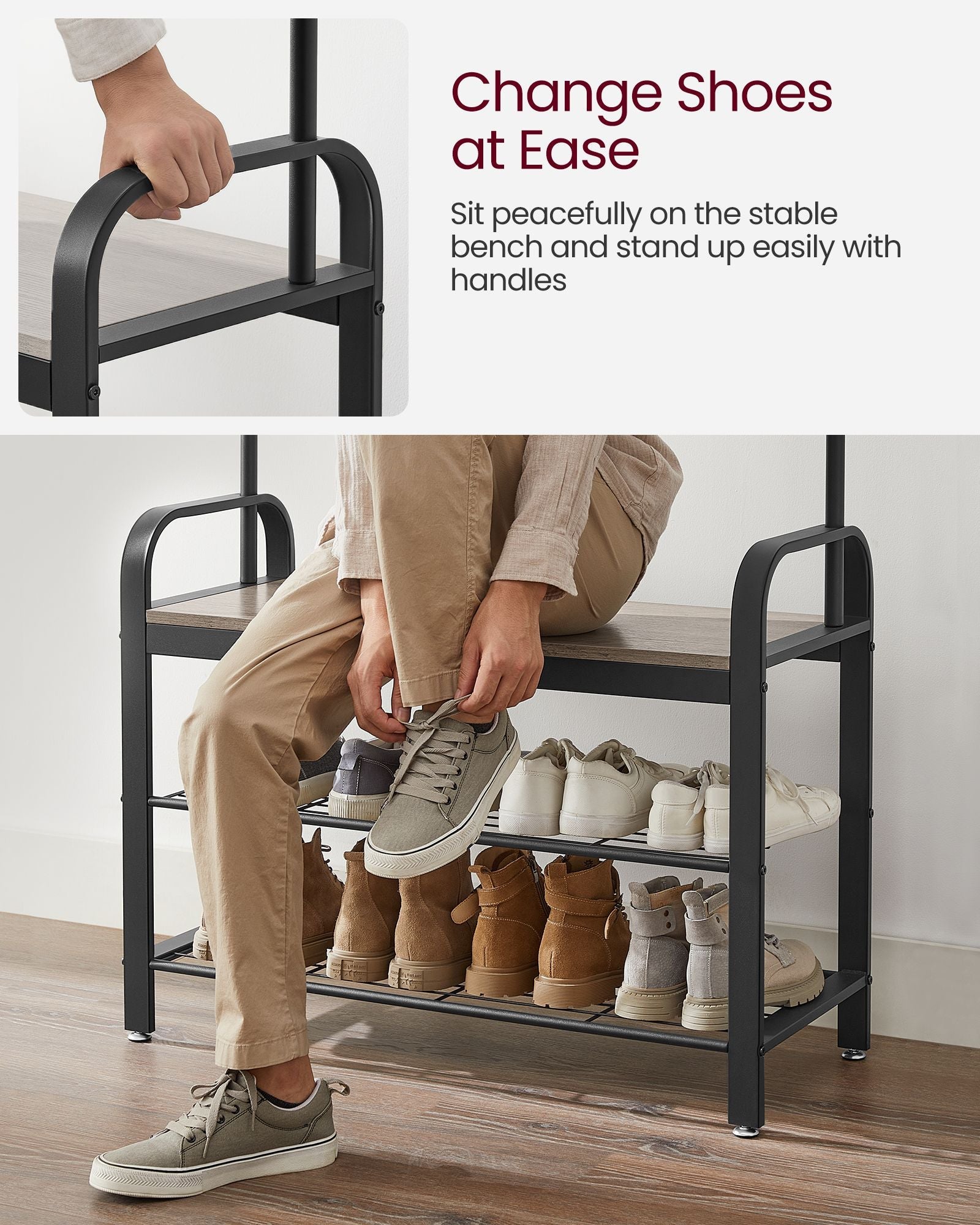 Coat Rack – Steel – Hazelnut Brown and Black – 4-in-1 Design with Shoe Storage Bench