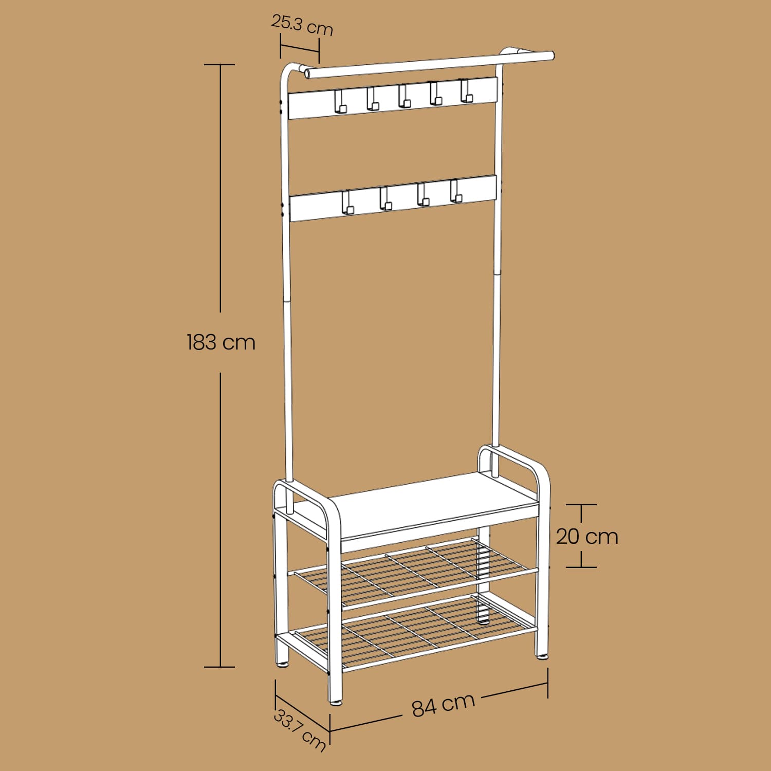 Coat Rack – Steel – Hazelnut Brown and Black – Free Standing Hall Tree with Shoe Bench and Removable Hooks