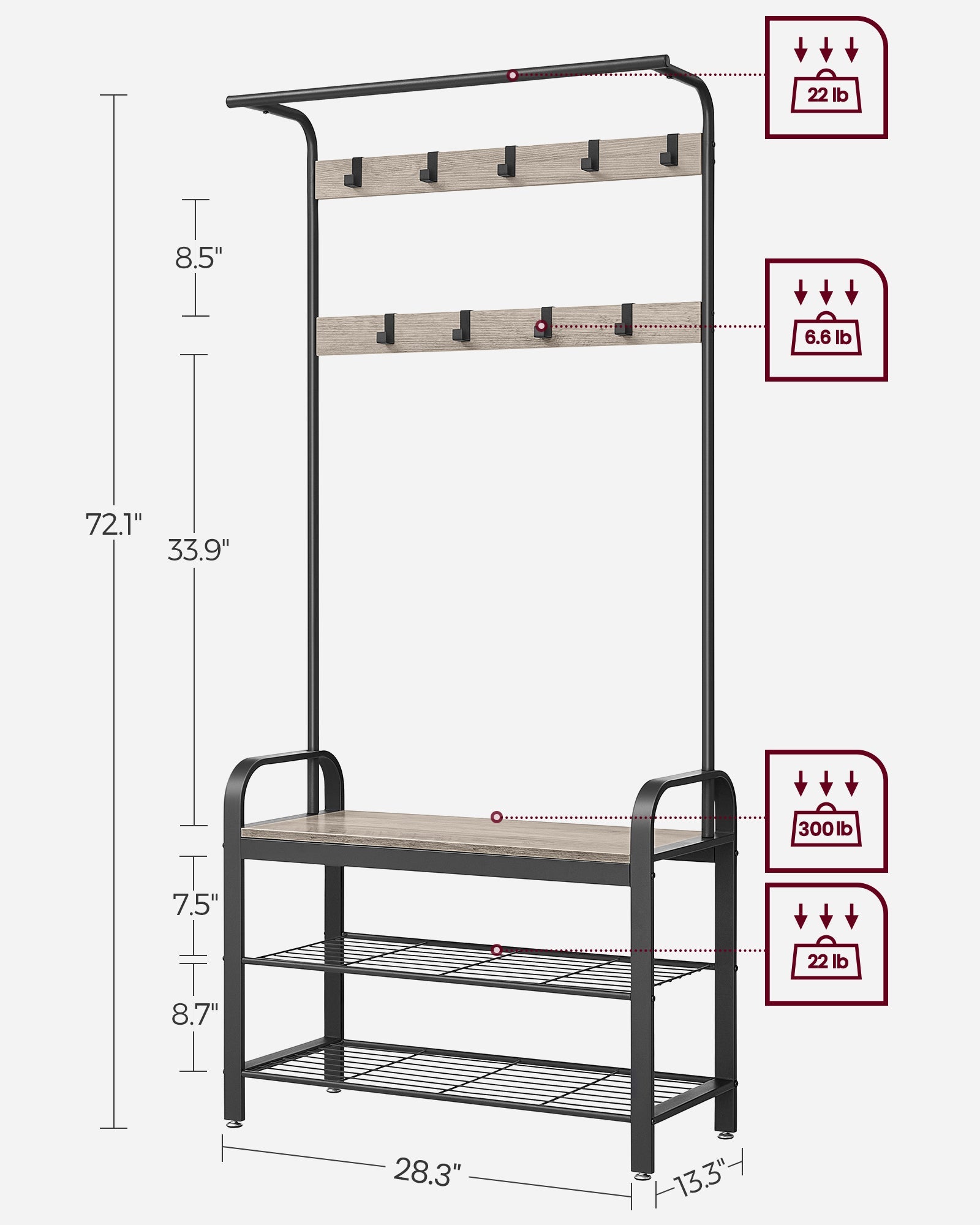 Coat Rack – Steel – Hazelnut Brown and Black – 4-in-1 Design with Shoe Storage Bench