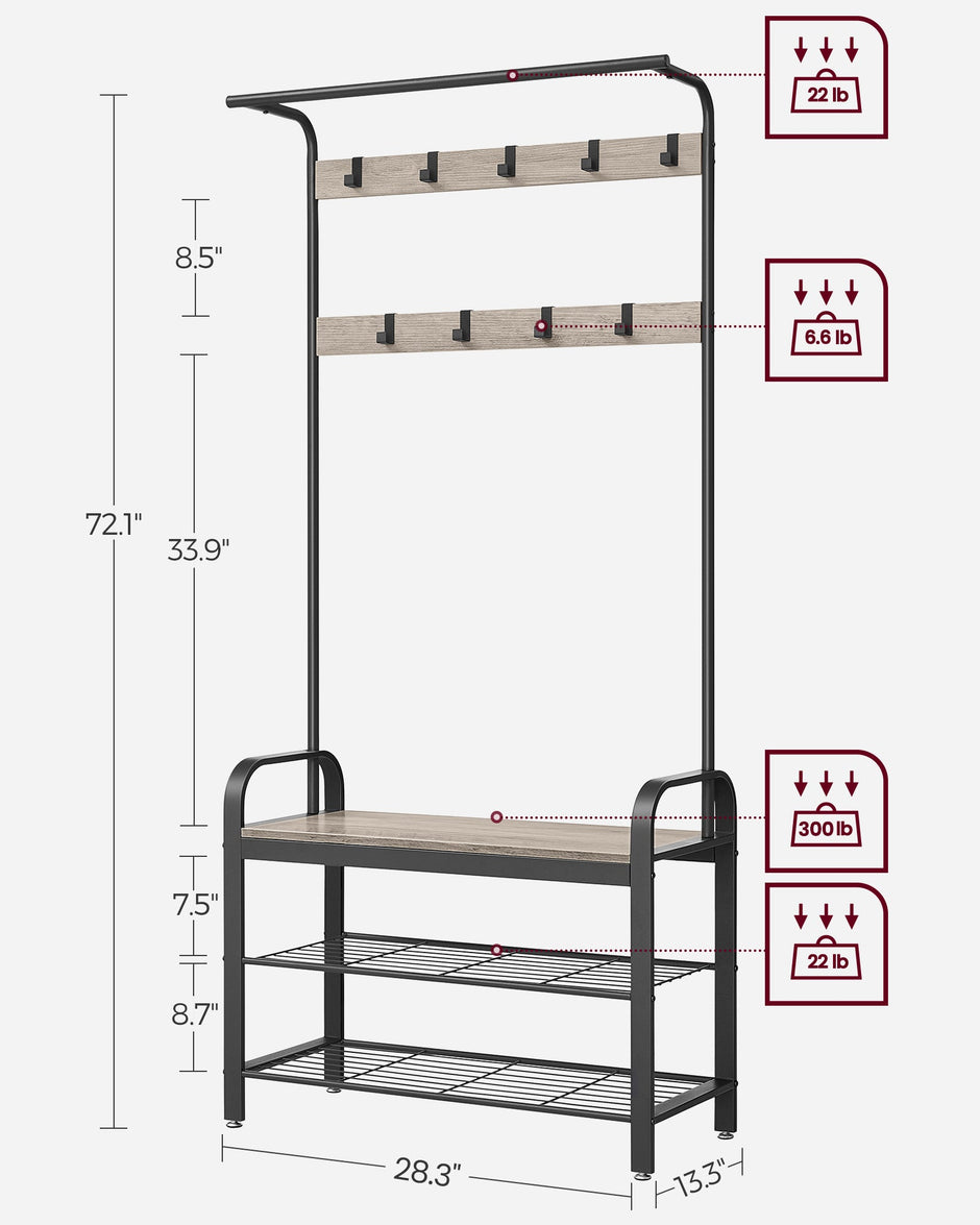Coat Rack – Steel – Hazelnut Brown and Black – 4-in-1 Design with Shoe Storage Bench
