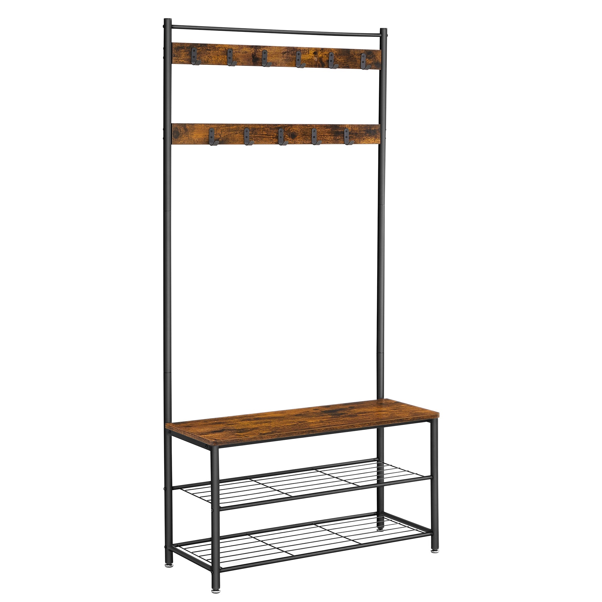 Coat Rack – Steel Frame – Rustic Brown and Black – 3-in-1 Design with Shoe Storage Bench