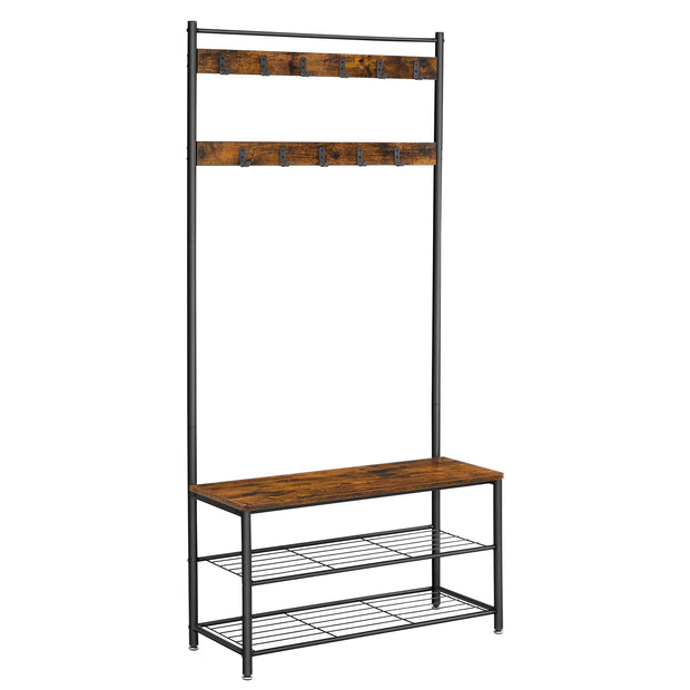 Coat Rack – Steel Frame – Rustic Brown and Black – 3-in-1 Design with Shoe Storage Bench