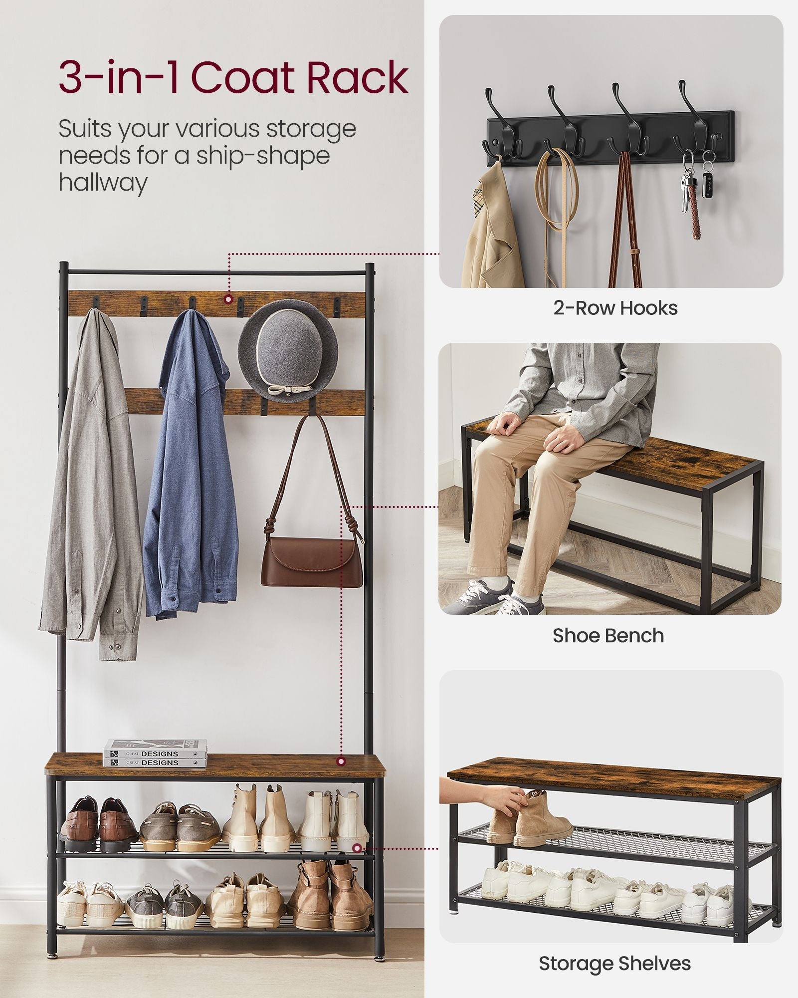 Coat Rack – Steel Frame – Rustic Brown and Black – 3-in-1 Design with Shoe Storage Bench