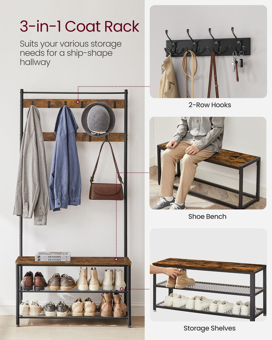 Coat Rack – Steel Frame – Rustic Brown and Black – 3-in-1 Design with Shoe Storage Bench
