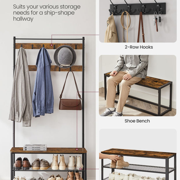 Coat Rack – Steel Frame – Rustic Brown and Black – 3-in-1 Design with Shoe Storage Bench
