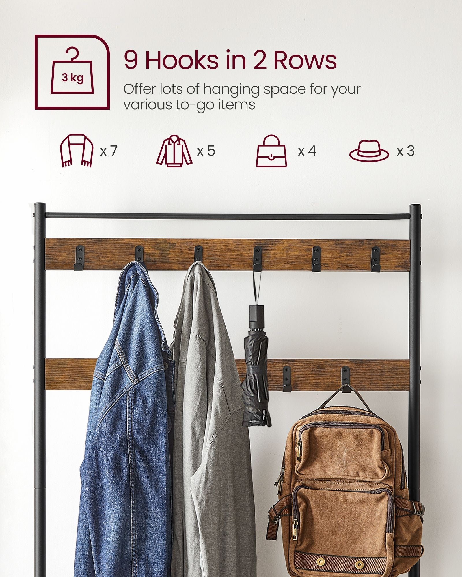 Coat Rack – Steel Frame – Rustic Brown and Black – 3-in-1 Design with Shoe Storage Bench