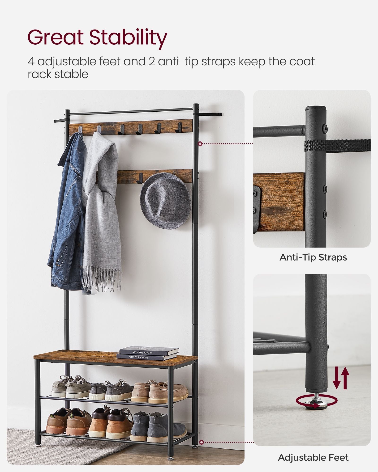 Coat Rack – Steel Frame – Rustic Brown and Black – 3-in-1 Design with Shoe Storage Bench