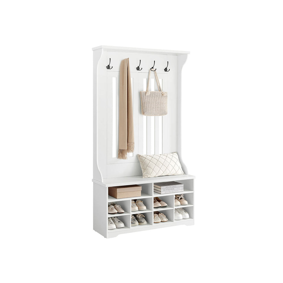 Hall Tree – Wood – Cloud White – Freestanding with Adjustable Shelves and Bench