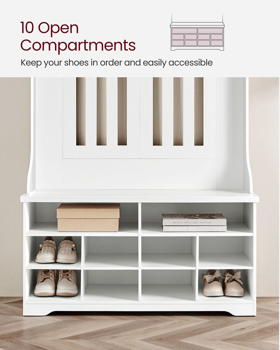 Hall Tree – Wood – Cloud White – Freestanding with Adjustable Shelves and Bench