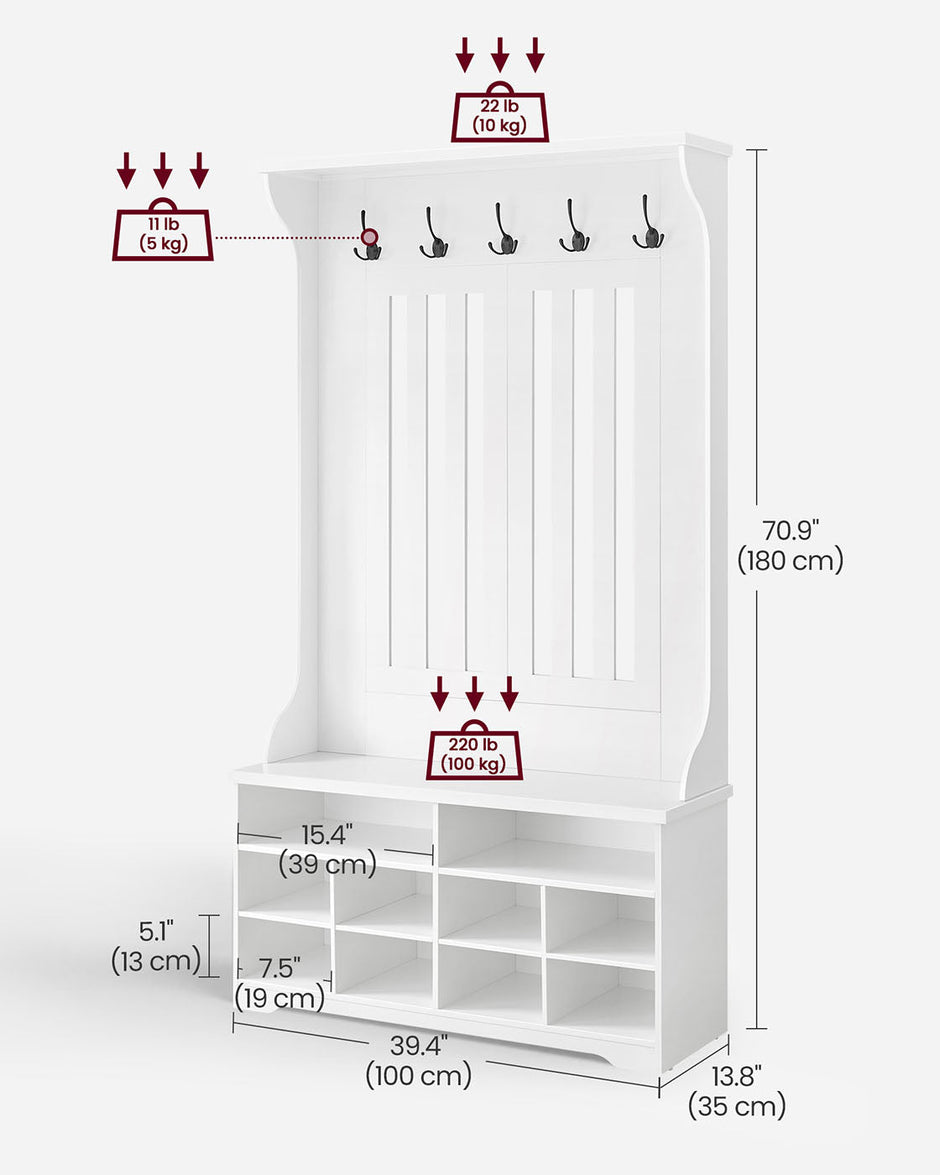 Hall Tree – Wood – Cloud White – Freestanding with Adjustable Shelves and Bench