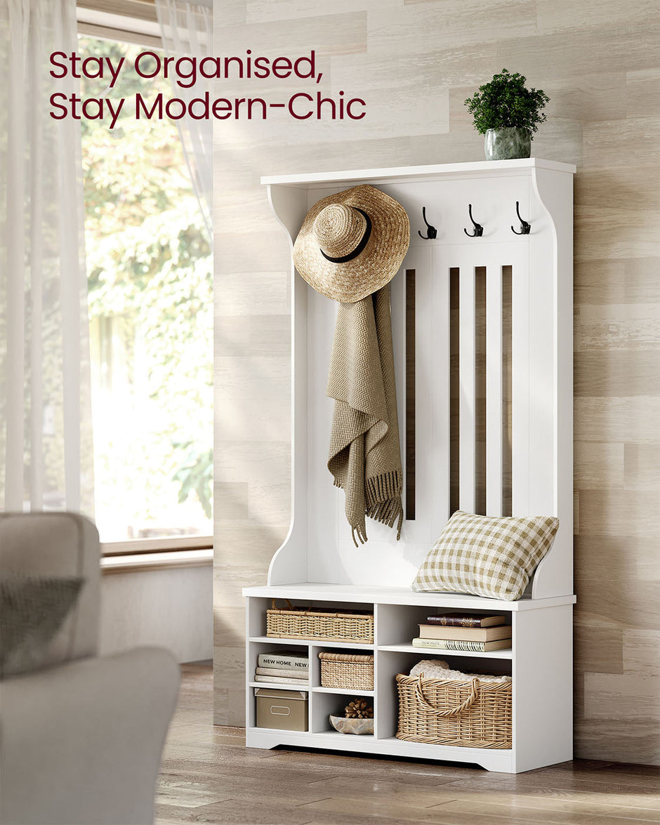 Hall Tree – Wood – Cloud White – Freestanding with Adjustable Shelves and Bench