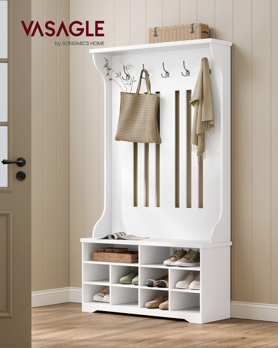 Hall Tree – Wood – Cloud White – Freestanding with Adjustable Shelves and Bench
