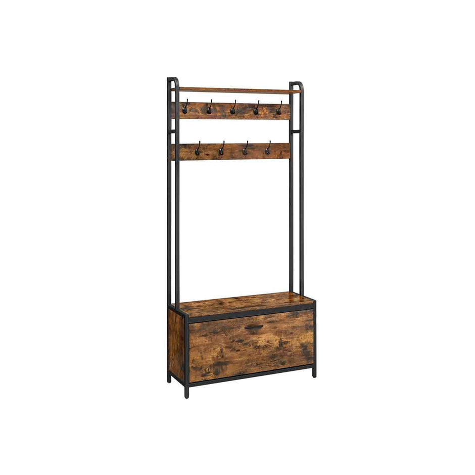 Coat Rack with Shoe Storage – Wood and Metal – Rustic Brown and Black – 9 Hooks and Top Shelf