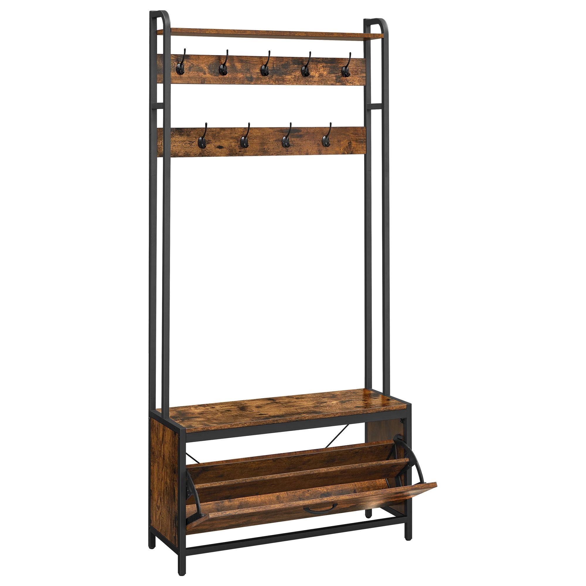 Coat Rack with Shoe Storage – Wood and Metal – Rustic Brown and Black – 9 Hooks and Top Shelf