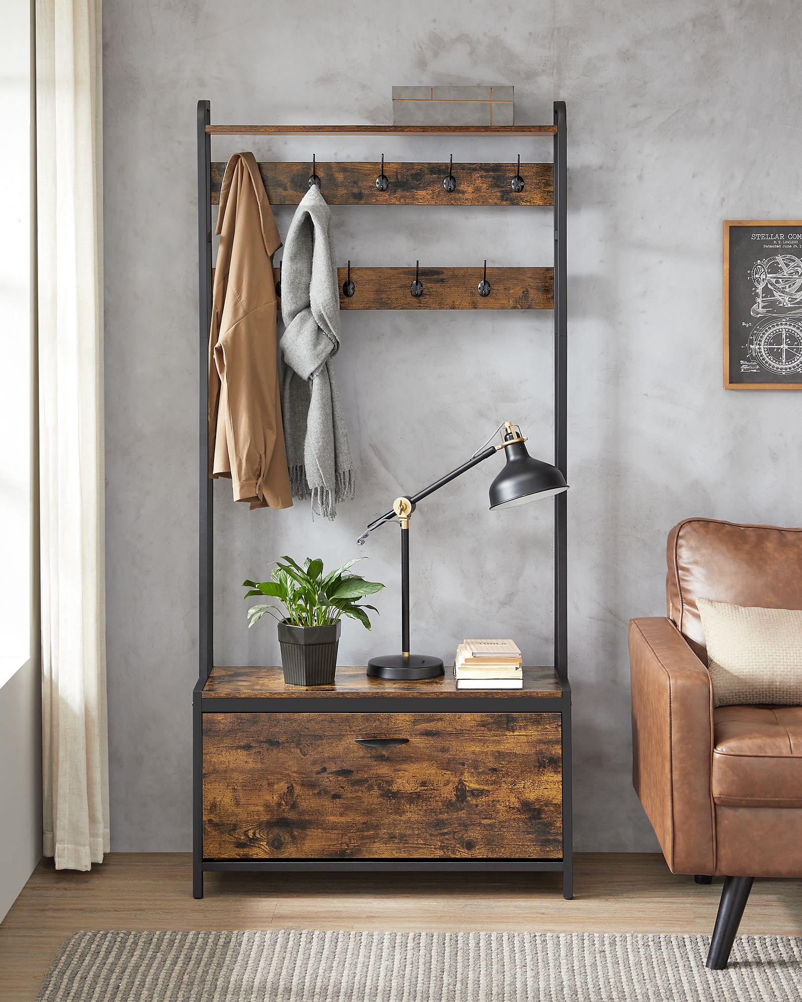 Coat Rack with Shoe Storage – Wood and Metal – Rustic Brown and Black – 9 Hooks and Top Shelf