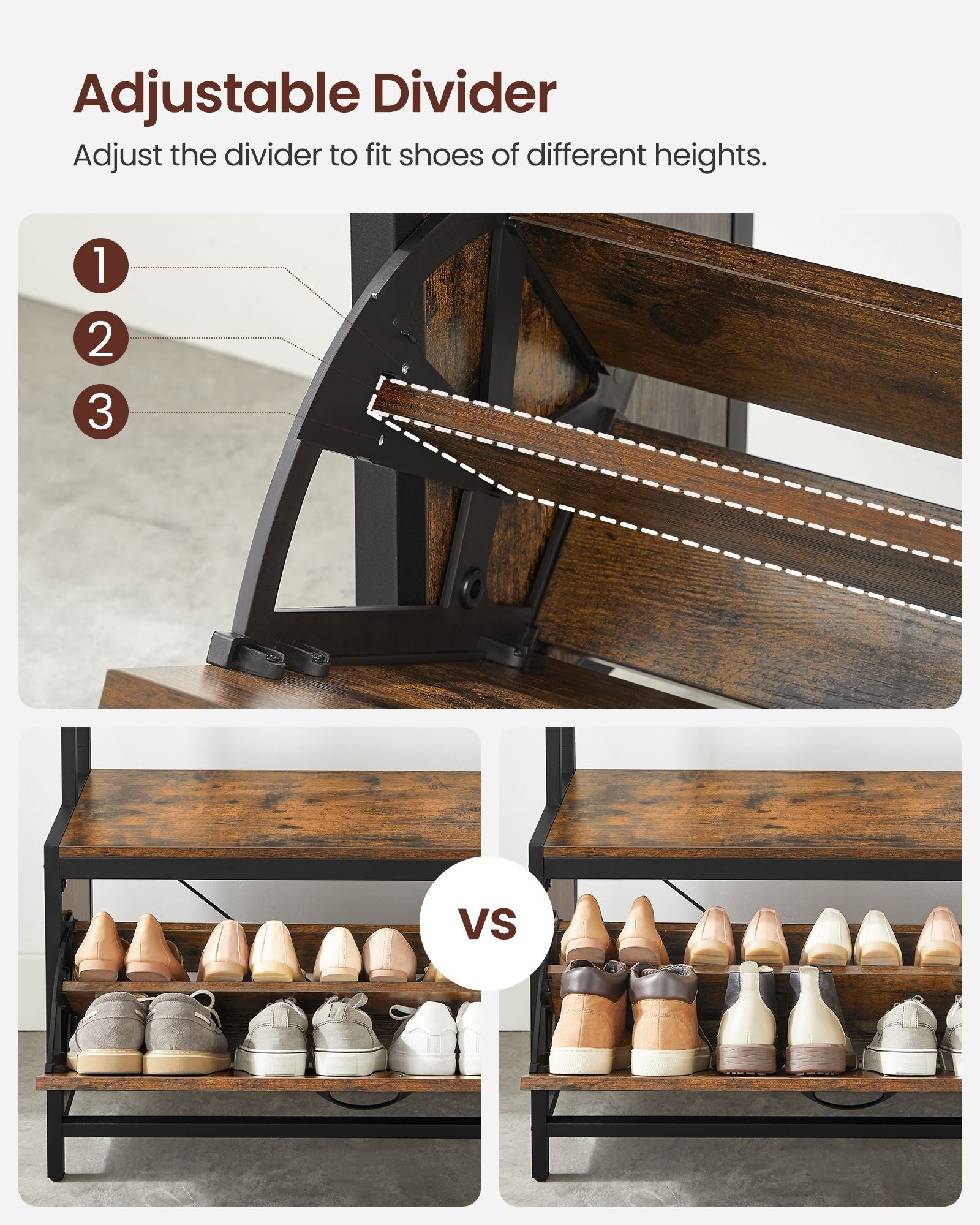 Coat Rack with Shoe Storage – Wood and Metal – Rustic Brown and Black – 9 Hooks and Top Shelf
