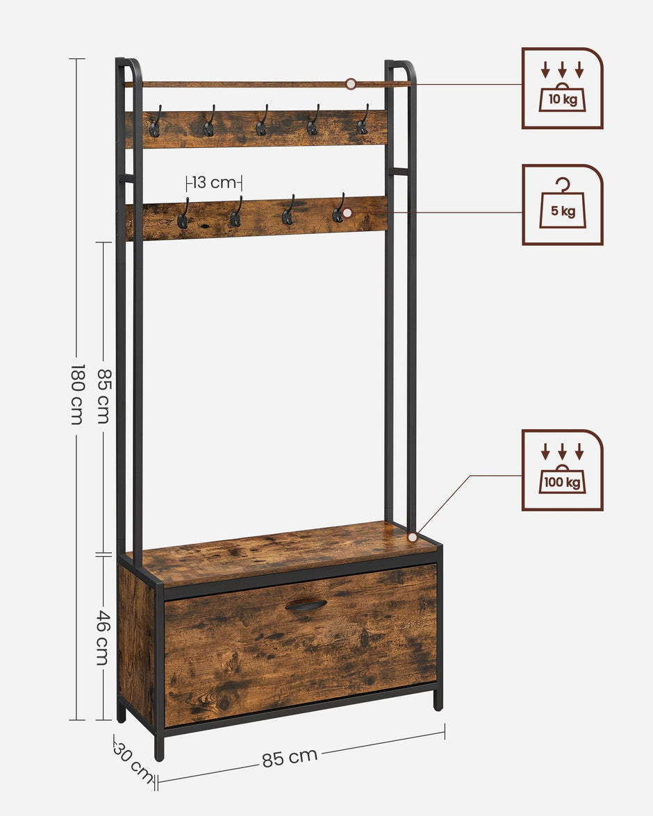 Coat Rack with Shoe Storage – Wood and Metal – Rustic Brown and Black – 9 Hooks and Top Shelf