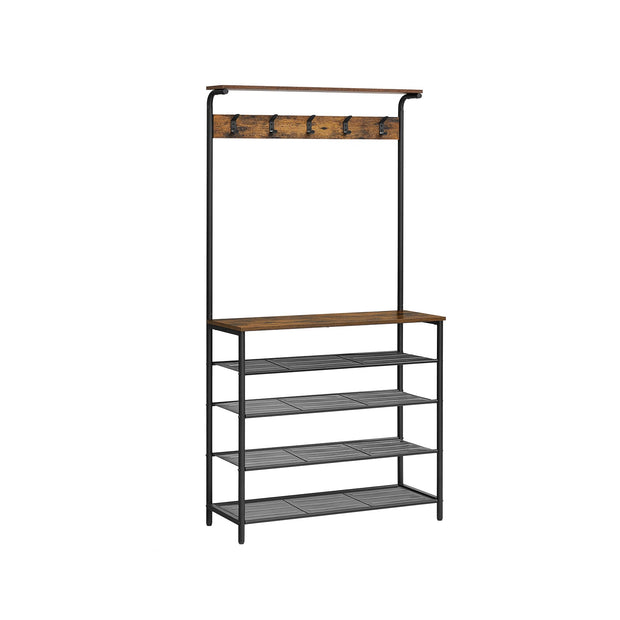 Clothes Rack – Metal and Wood – Rustic Brown and Black – Multiple Storage Options with Hooks