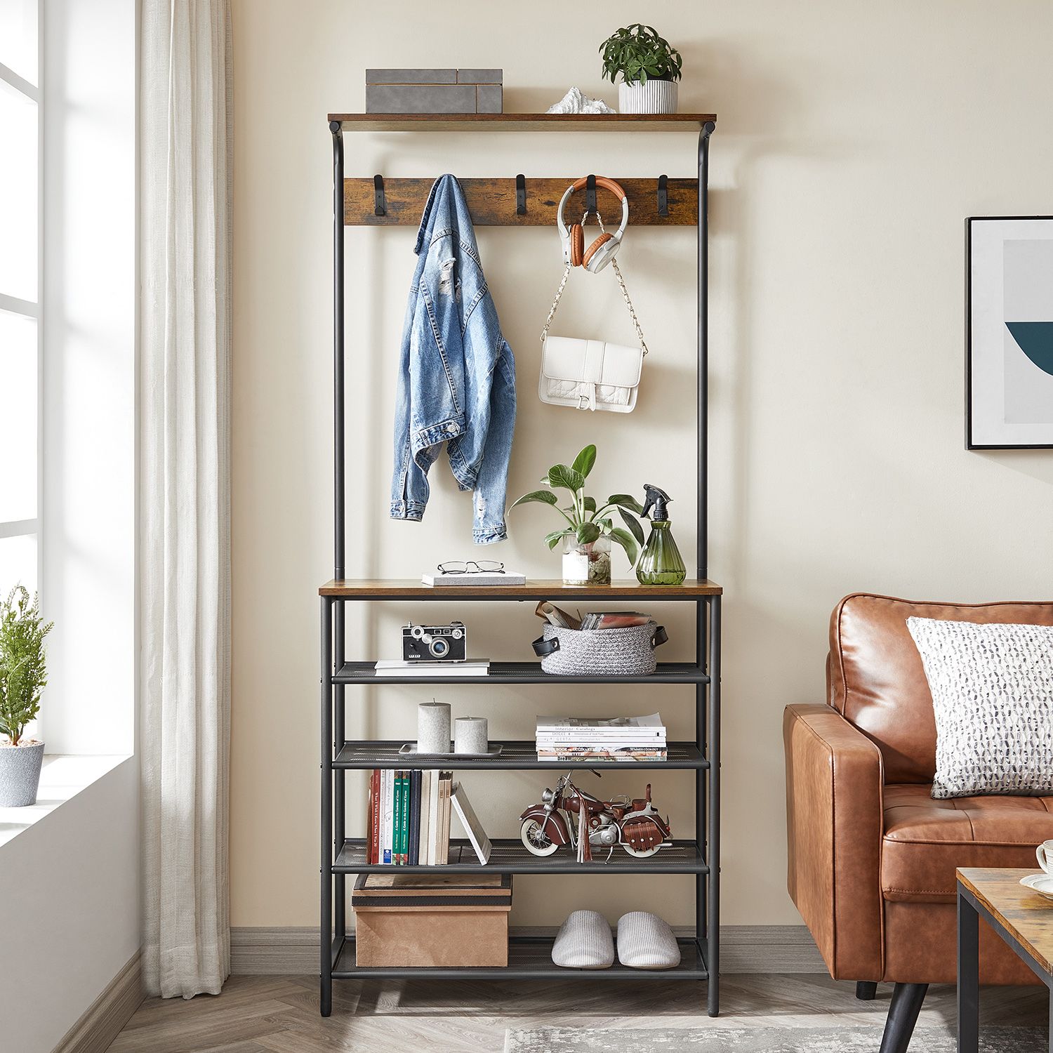 Clothes Rack – Metal and Wood – Rustic Brown and Black – Multiple Storage Options with Hooks