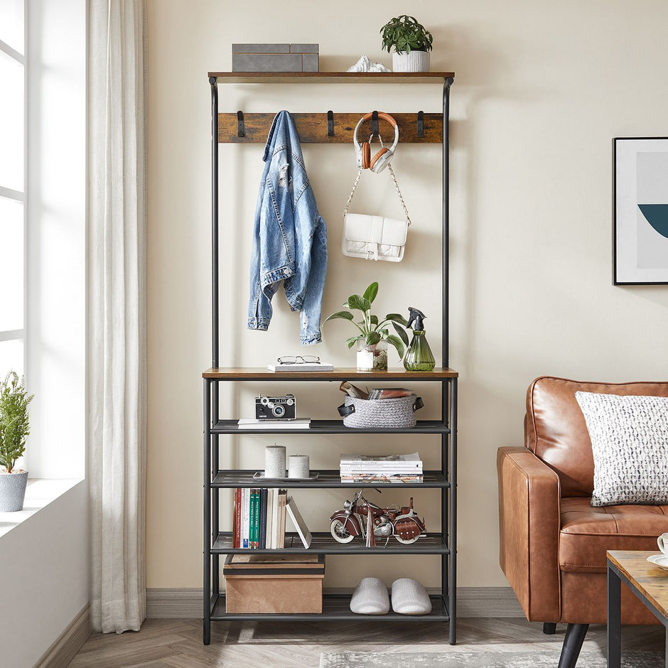 Clothes Rack – Metal and Wood – Rustic Brown and Black – Multiple Storage Options with Hooks