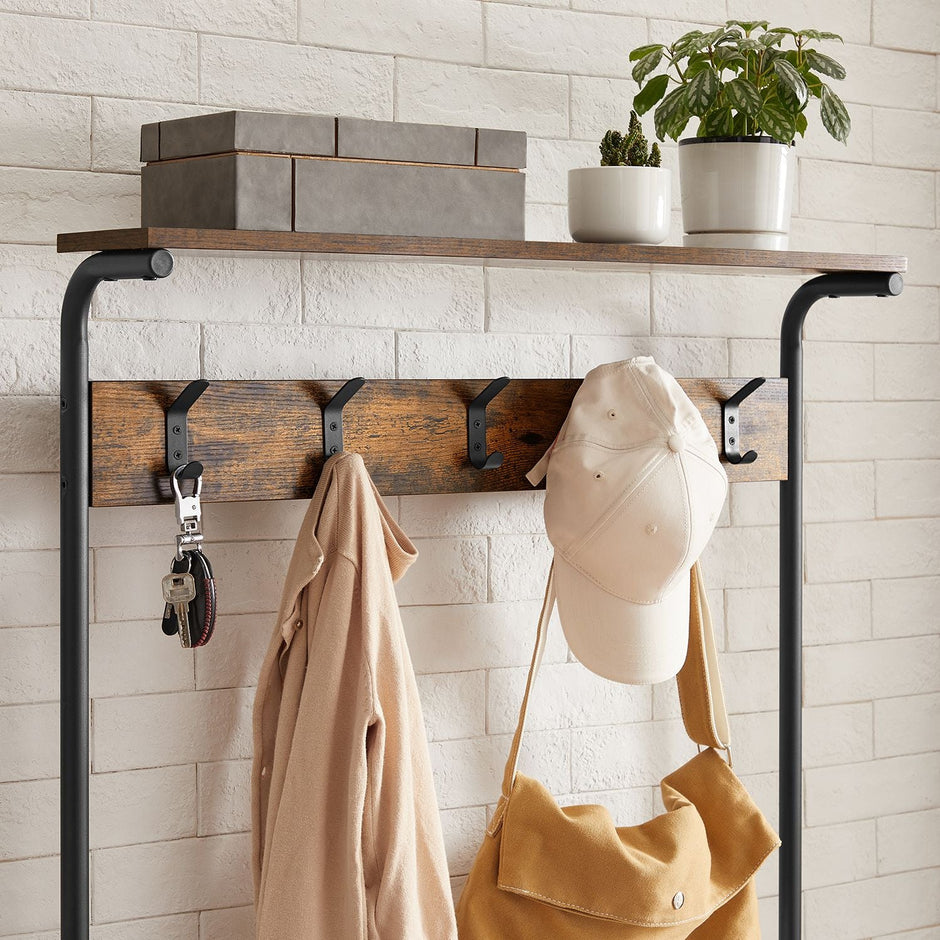 Clothes Rack – Metal and Wood – Rustic Brown and Black – Multiple Storage Options with Hooks