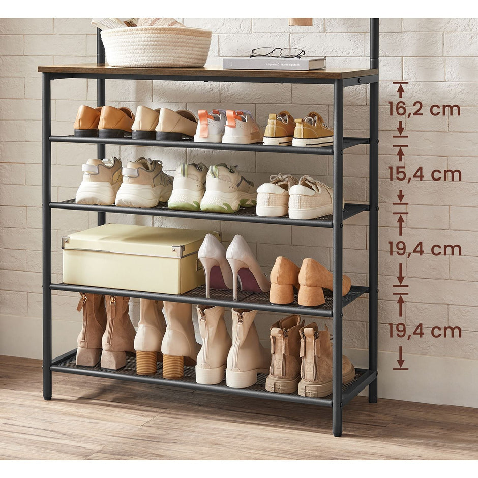 Clothes Rack – Metal and Wood – Rustic Brown and Black – Multiple Storage Options with Hooks