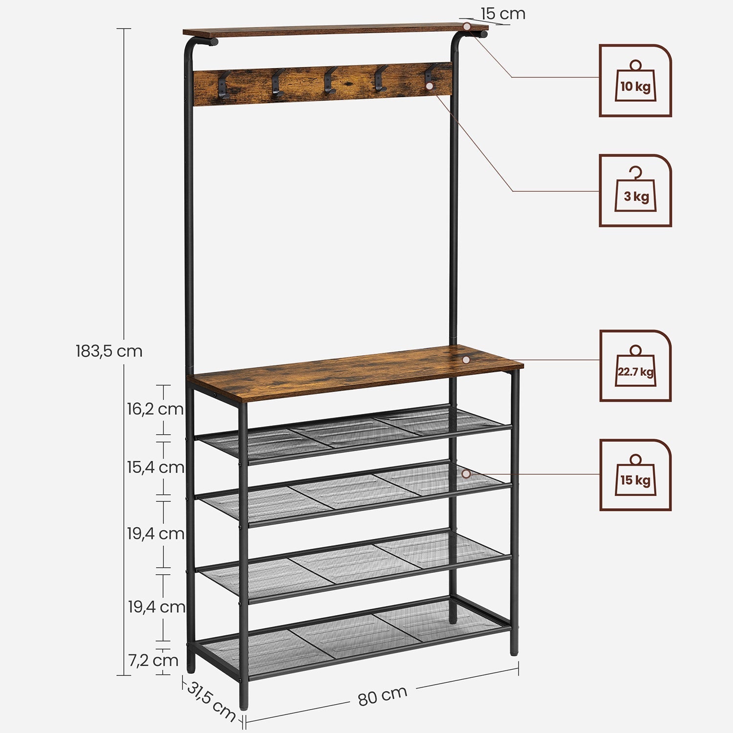 Clothes Rack – Metal and Wood – Rustic Brown and Black – Multiple Storage Options with Hooks