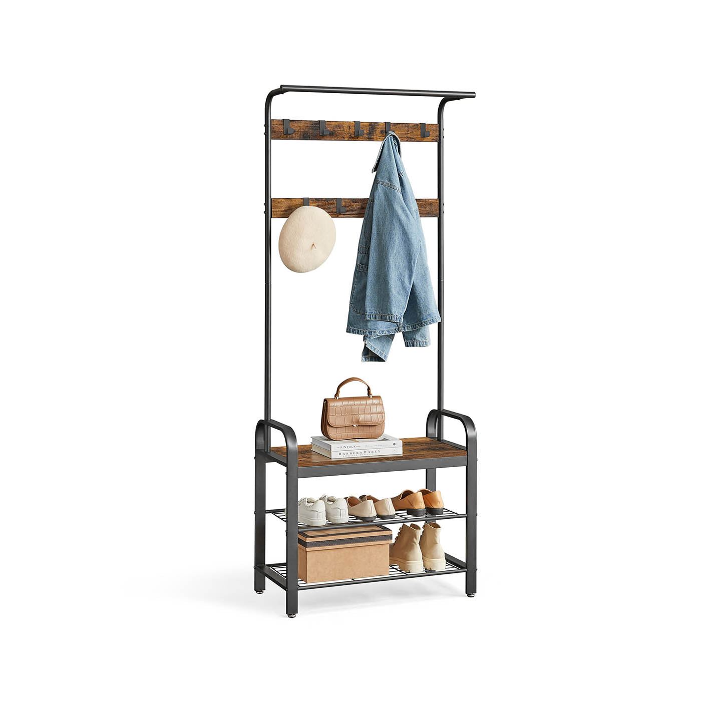 Coat Rack – Metal – Rustic Brown – Industrial Design with Removable Hooks and Umbrella Stand