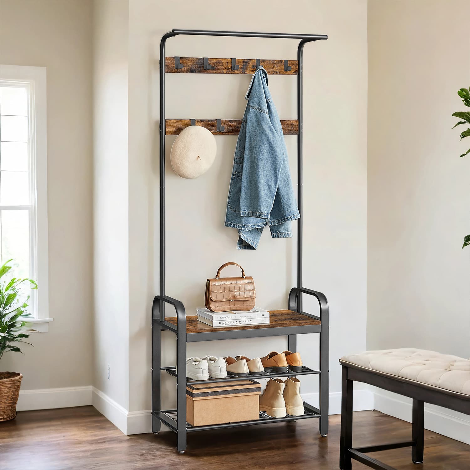 Hall Tree – Wood and Metal – Rustic Brown and Black – 4-in-1 Design with Bench and 9 Removable Hooks