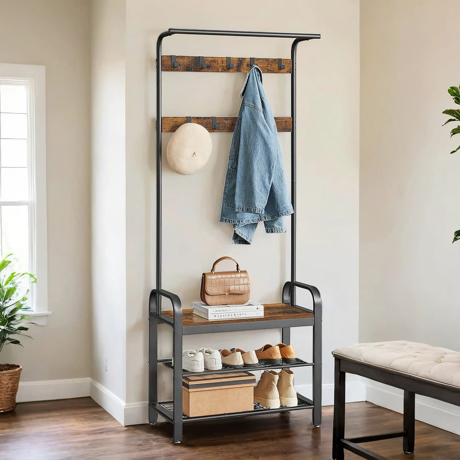 Hall Tree – Wood and Metal – Rustic Brown and Black – 4-in-1 Design with Bench and 9 Removable Hooks