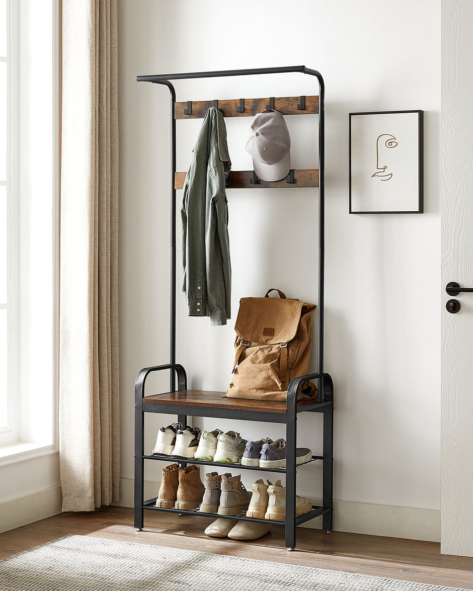 Coat Rack – Metal – Rustic Brown – Industrial Design with Removable Hooks and Umbrella Stand