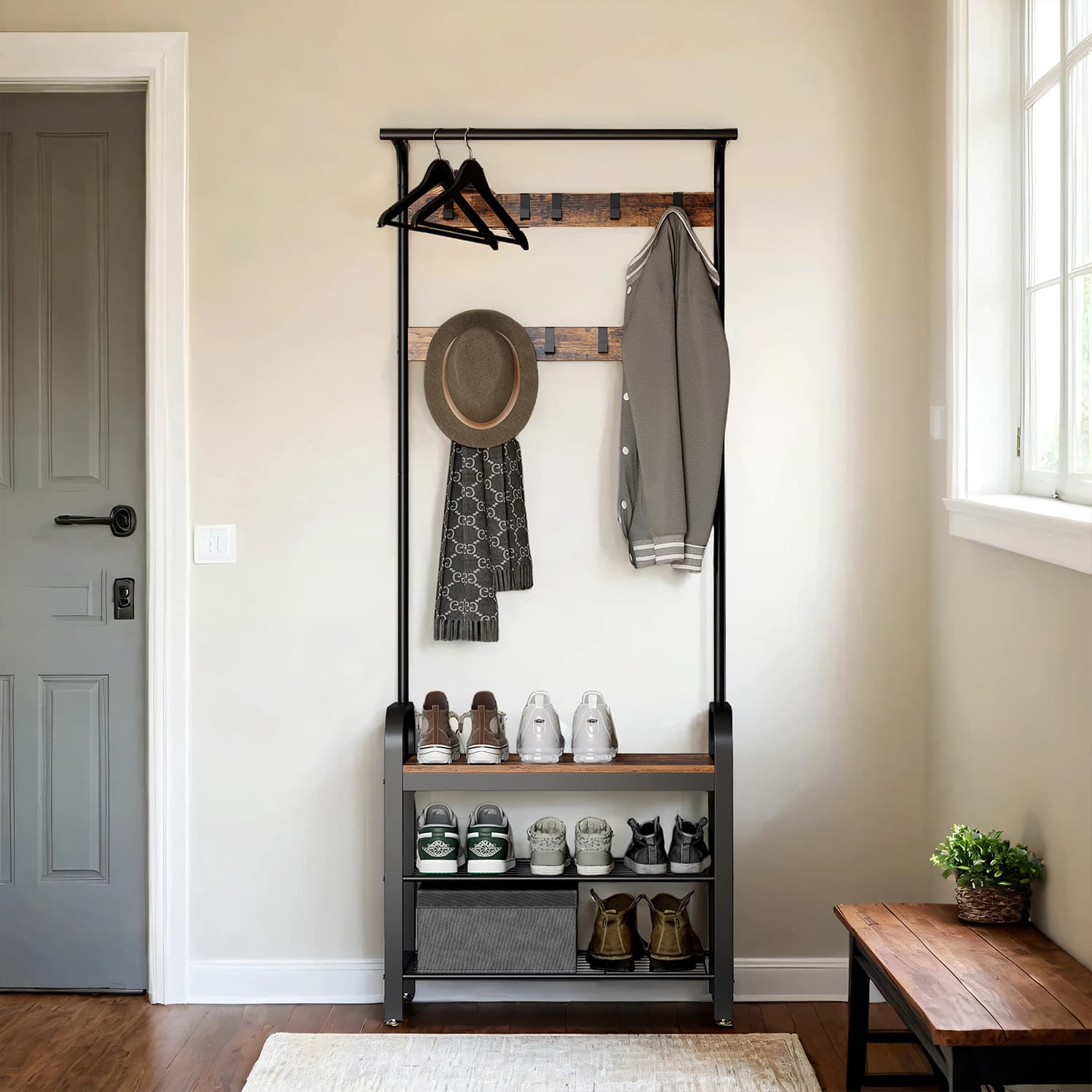 Hall Tree – Wood and Metal – Rustic Brown and Black – 4-in-1 Design with Bench and 9 Removable Hooks