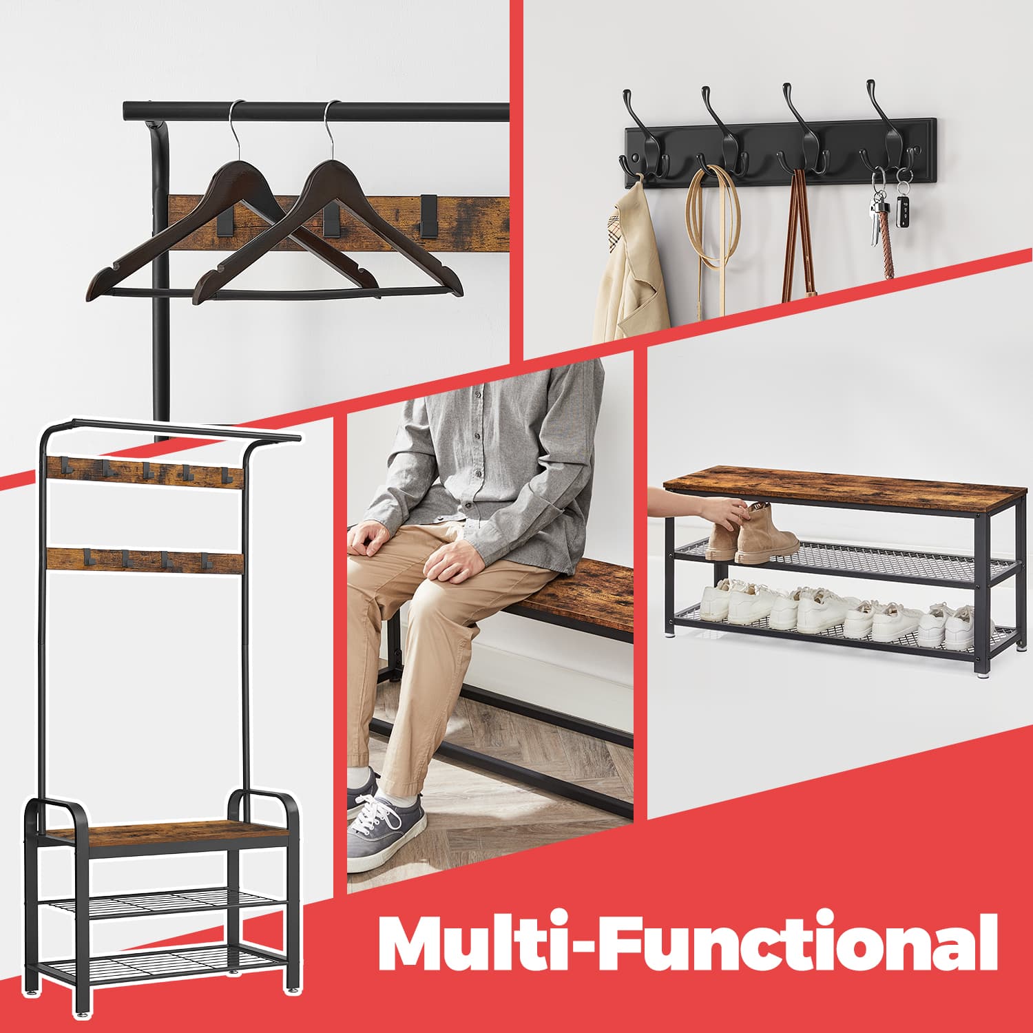 Hall Tree – Wood and Metal – Rustic Brown and Black – 4-in-1 Design with Bench and 9 Removable Hooks