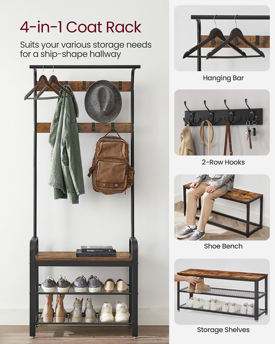 Coat Rack – Metal – Rustic Brown – Industrial Design with Removable Hooks and Umbrella Stand