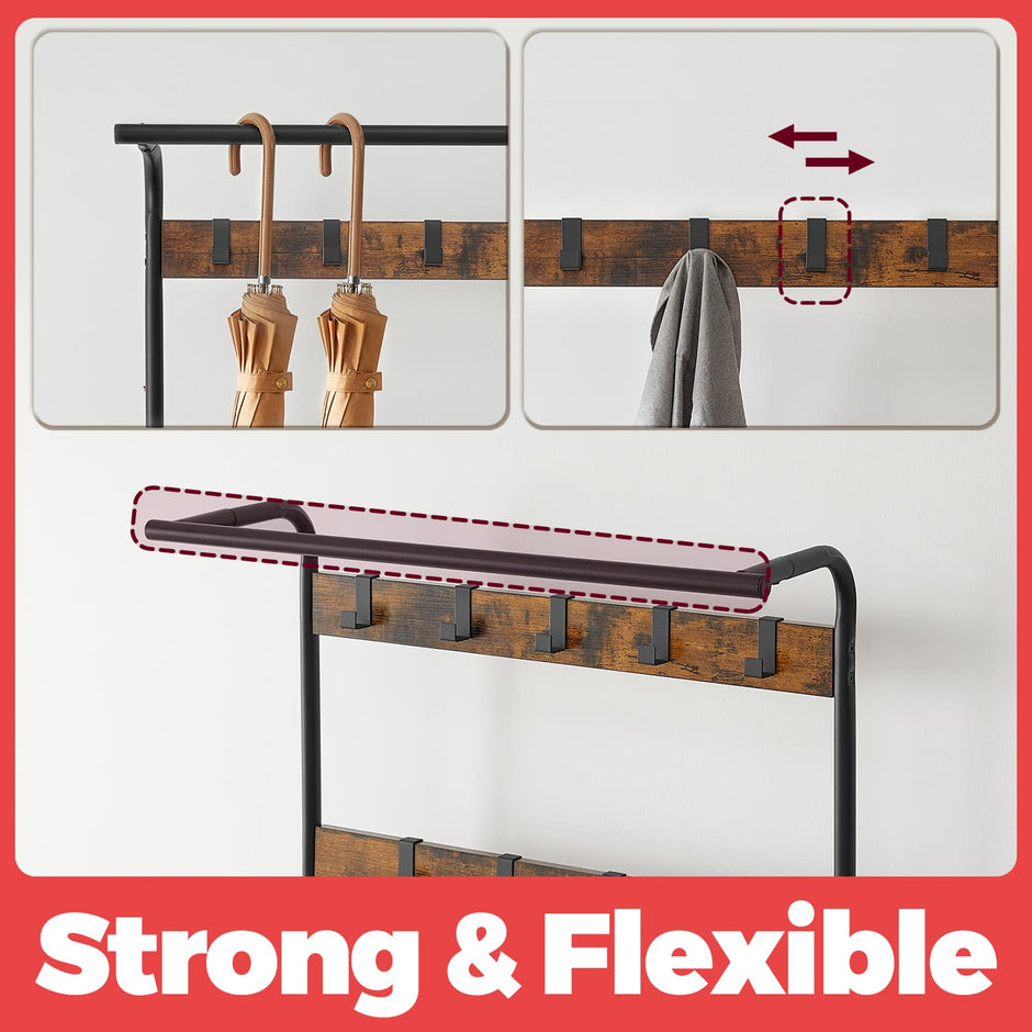 Hall Tree – Wood and Metal – Rustic Brown and Black – 4-in-1 Design with Bench and 9 Removable Hooks