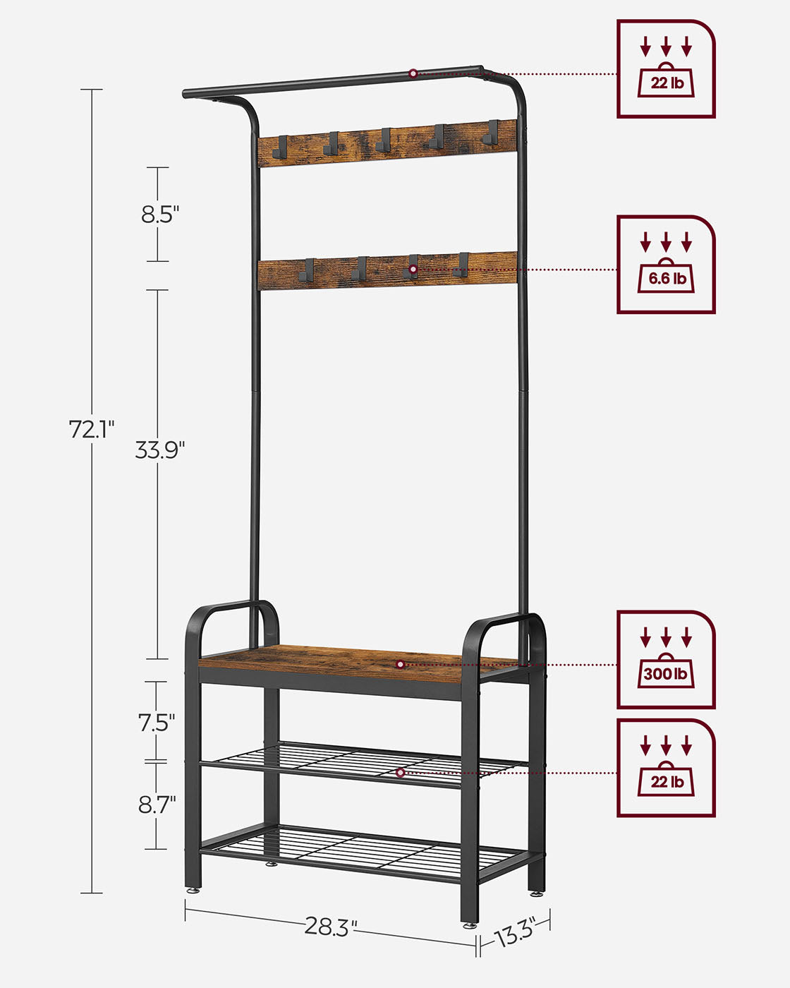 Coat Rack – Metal – Rustic Brown – Industrial Design with Removable Hooks and Umbrella Stand
