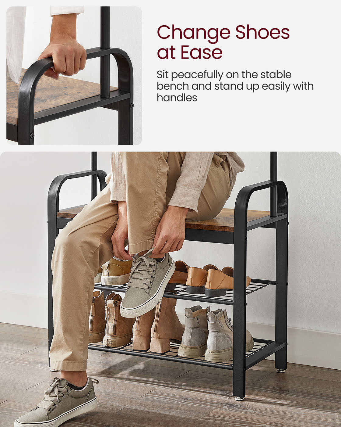 Coat Rack – Metal – Rustic Brown – Industrial Design with Removable Hooks and Umbrella Stand