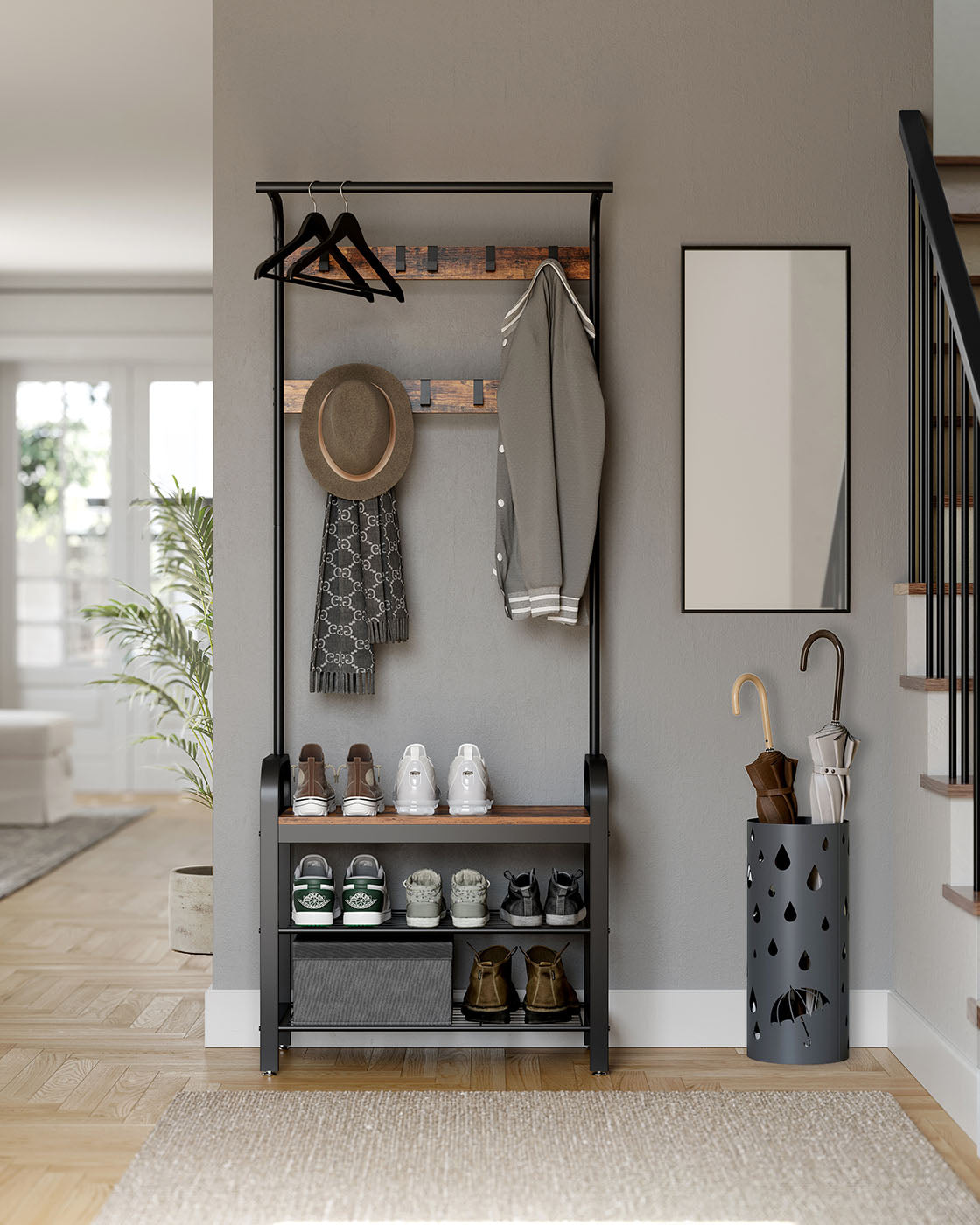 Coat Rack – Metal – Rustic Brown – Industrial Design with Removable Hooks and Umbrella Stand