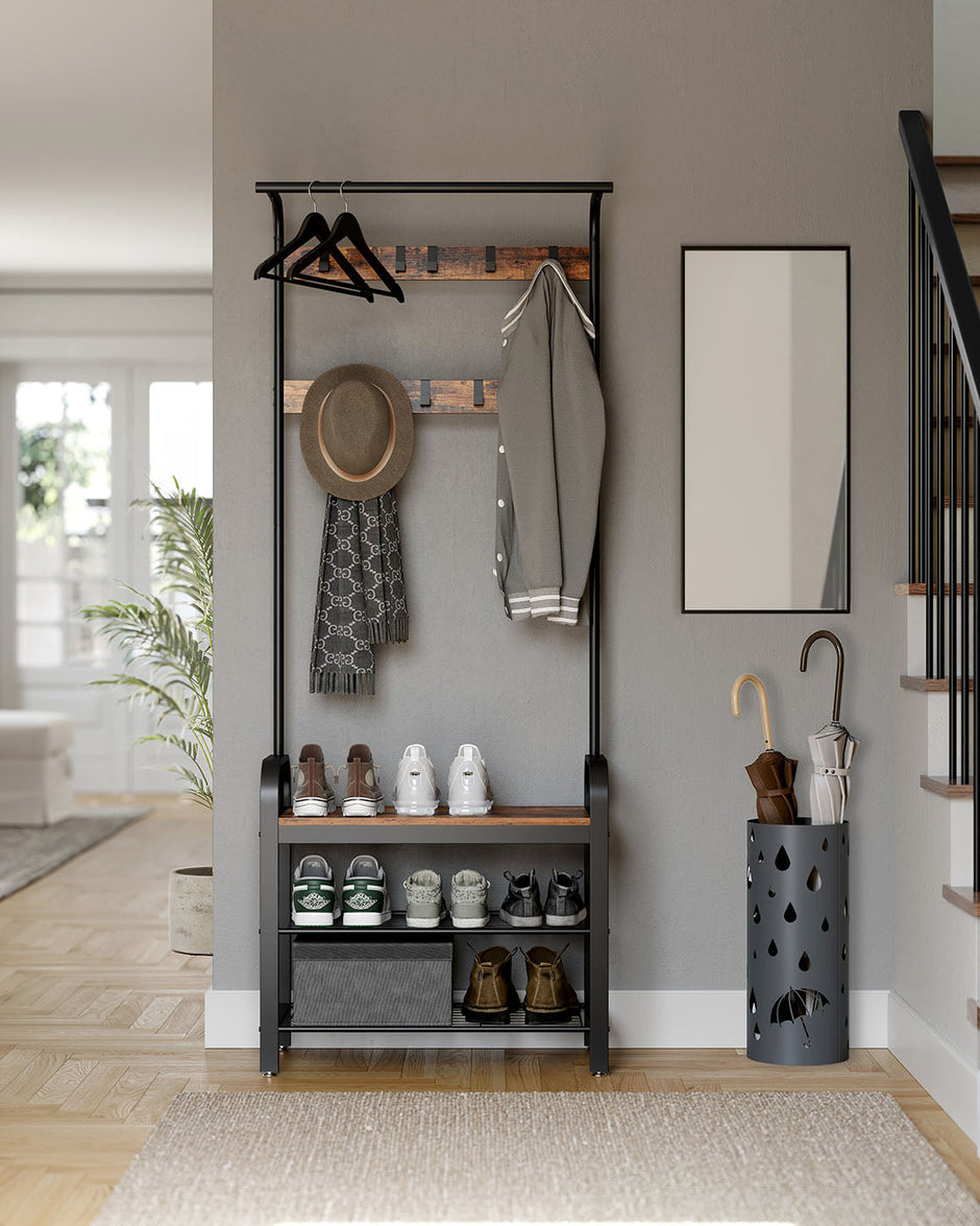 Coat Rack – Metal – Rustic Brown – Industrial Design with Removable Hooks and Umbrella Stand