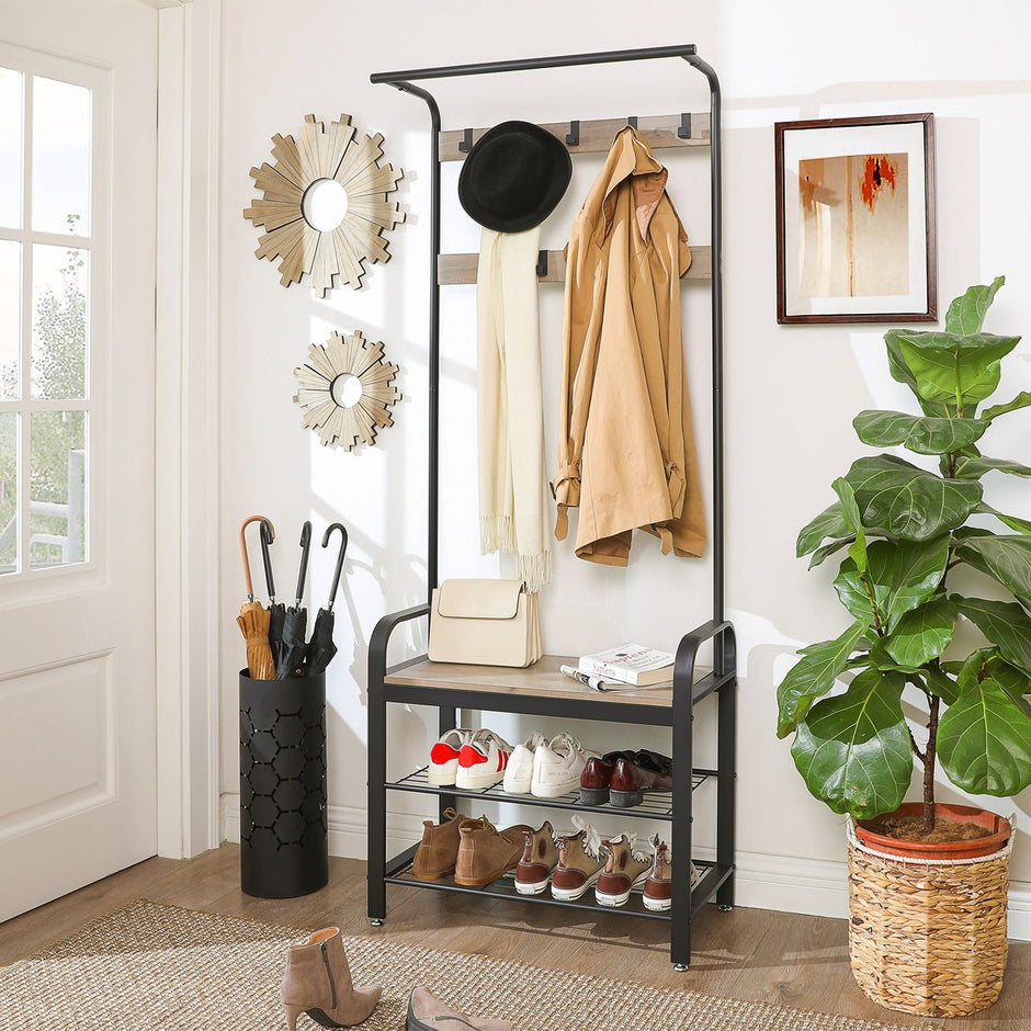 Hall Tree – Metal – Rustic Brown – Multifunctional with Removable Hooks