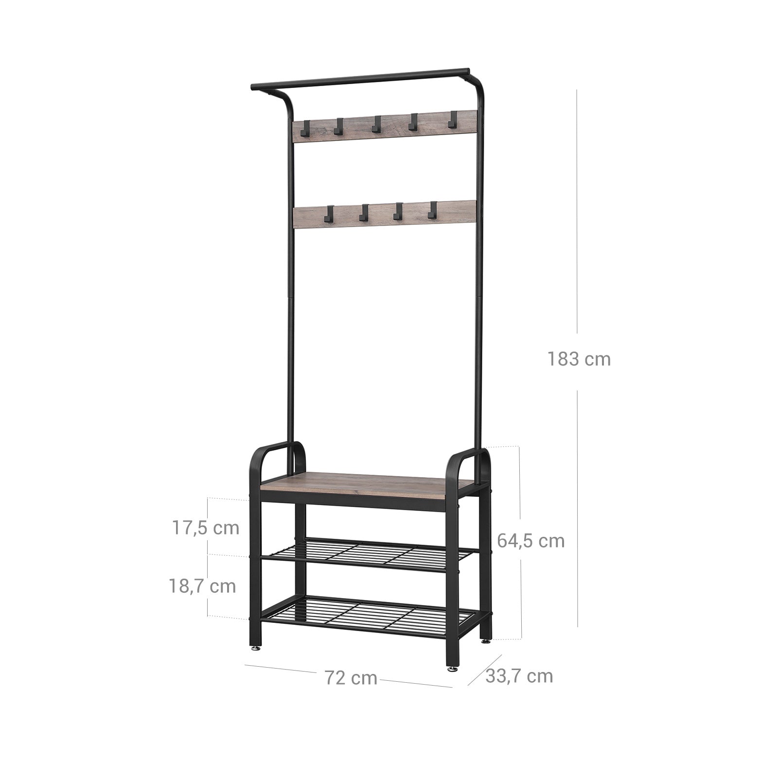 Hall Tree – Metal – Rustic Brown – Multifunctional with Removable Hooks