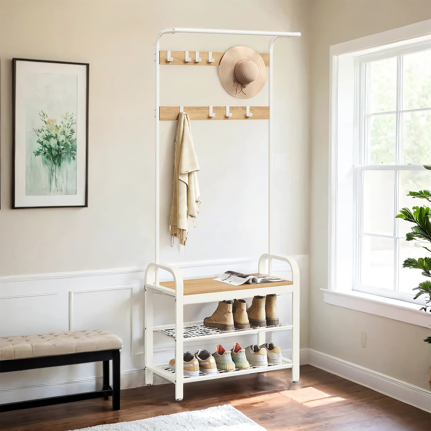 Coat Rack – Industrial – Rustic Brown and Black – Coat Stand with Shoe Storage Bench and 9 Removable Hooks
